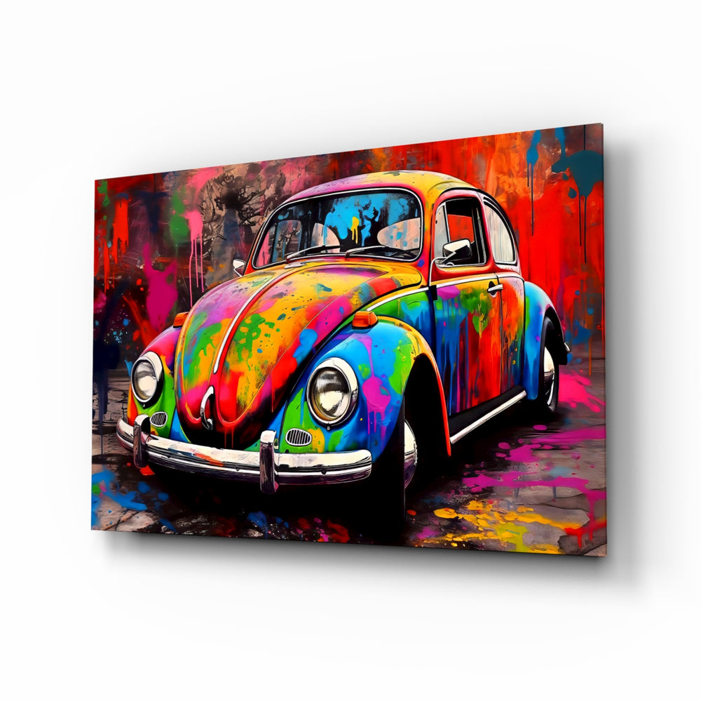 Colorful VW glass wall art displayed above a leather sofa in a contemporary media room