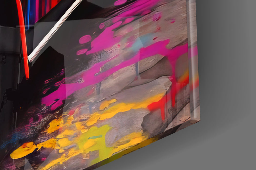 Flower-power-muse artwork anchoring a wall with scarlet-and-cobalt palette