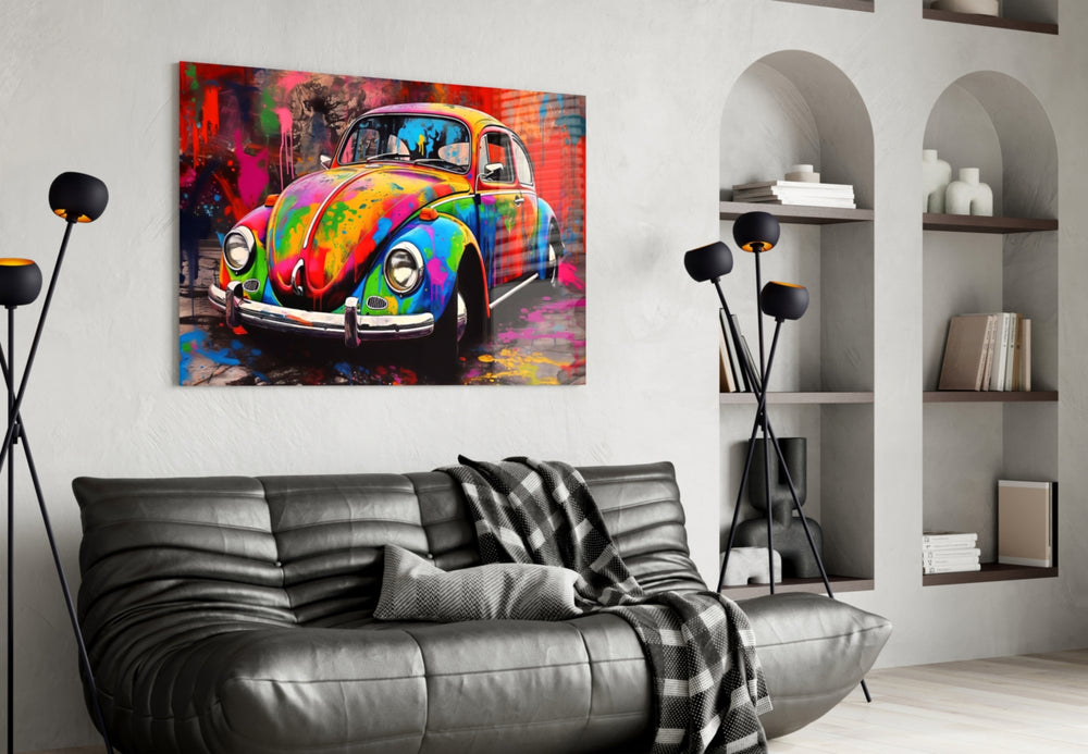 Colorful VW glass wall art styled above a daybed in a child's bedroom