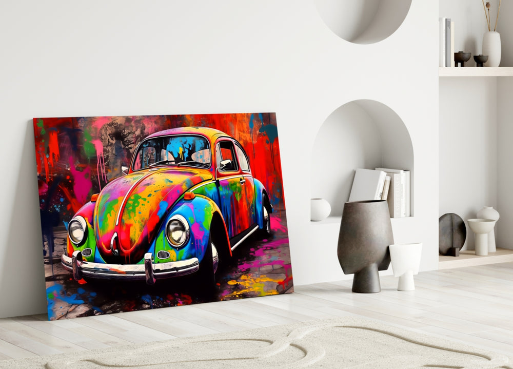 Colorful VW close-up showing scarlet-and-cobalt dripping body