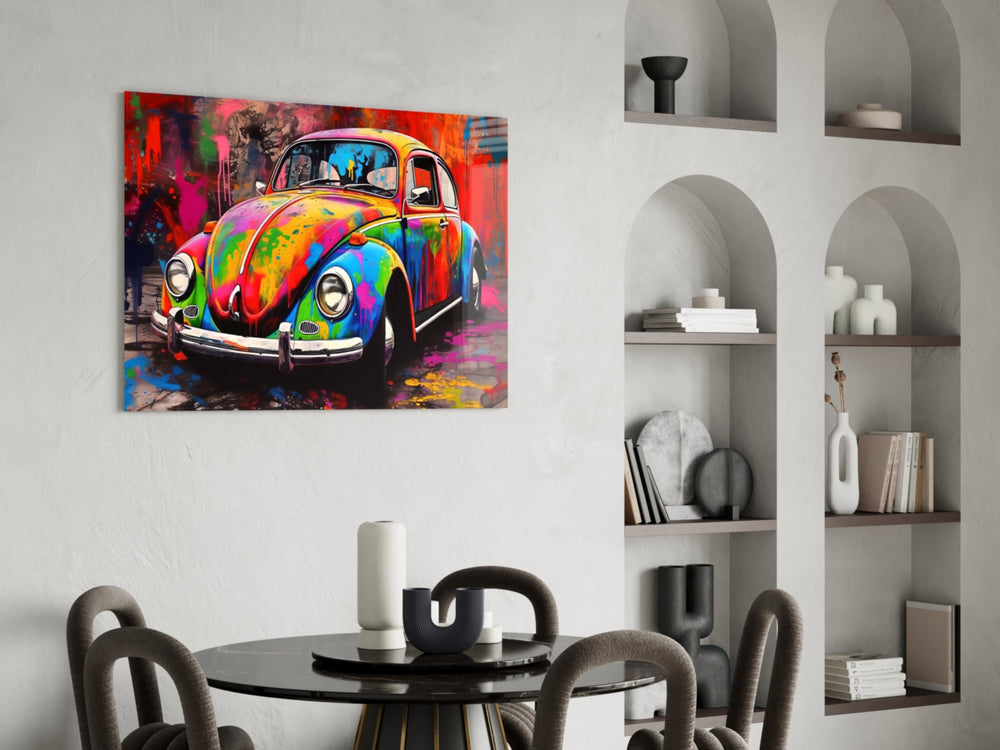 Colorful VW panel adding editorial drama to a hallway