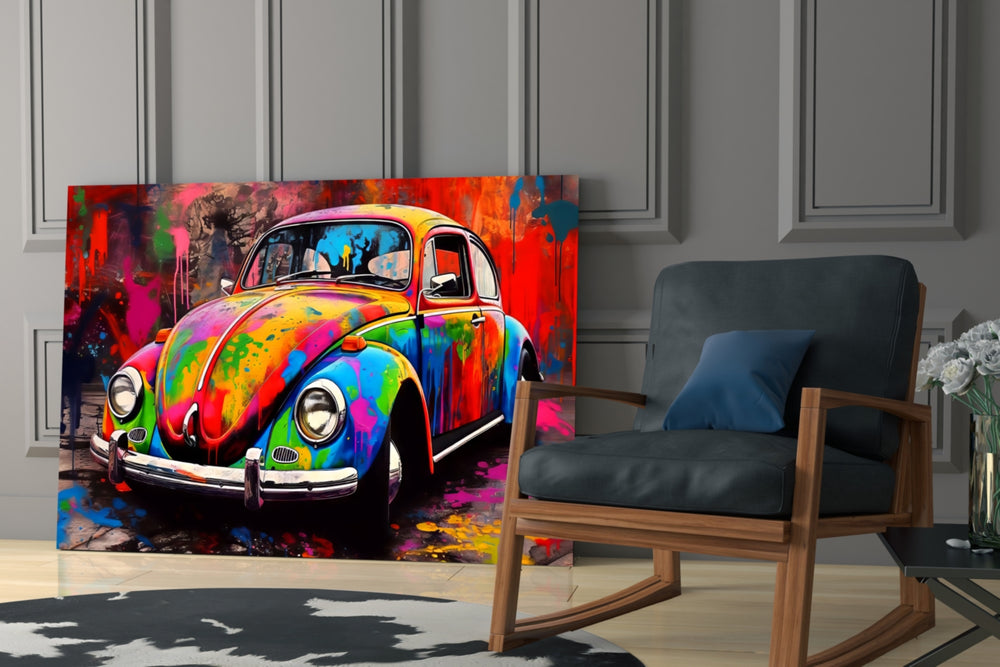 Colorful VW glass print enhancing a den with retro-modern palette
