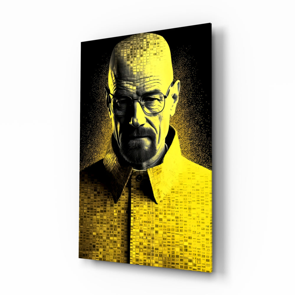 Heisenberg glass wall art displayed above a leather sofa in a moody man cave