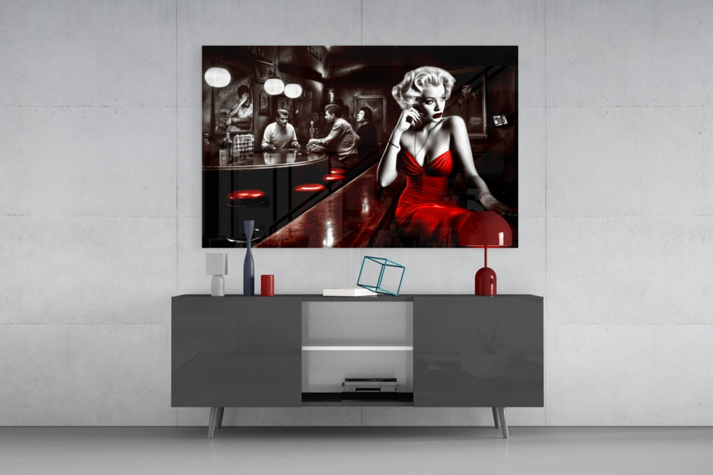 Blonde Bombshell at the Bar Glass Wall Art || Designer Collection
