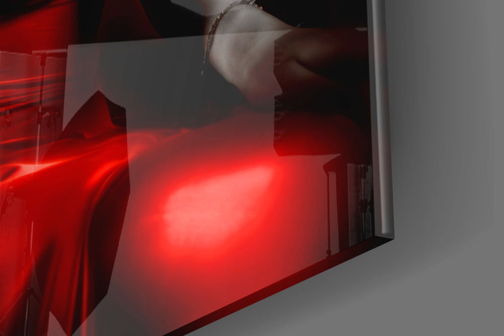 Hollywood-muse artwork anchoring a wall with scarlet-and-graphite palette