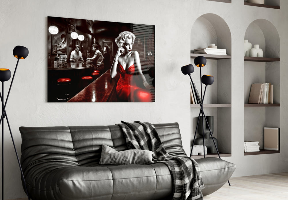 Blonde Bombshell at the Bar Glass Wall Art || Designer Collection
