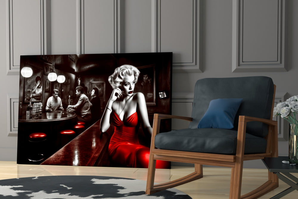 Blonde Bombshell at the Bar Glass Wall Art || Designer Collection