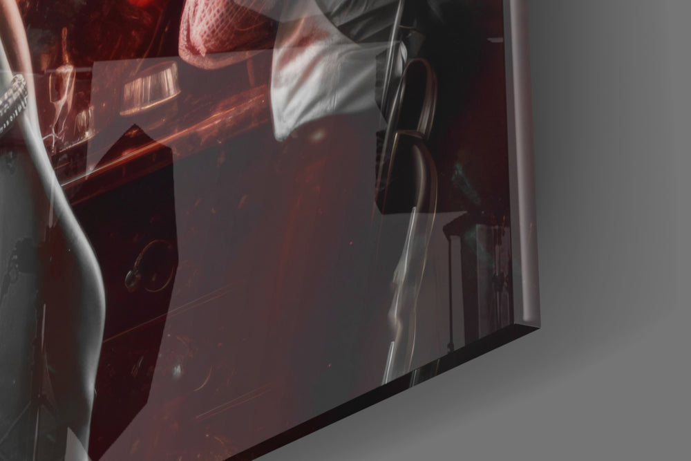 Hollywood-muse artwork anchoring a wall with crimson-and-graphite palette