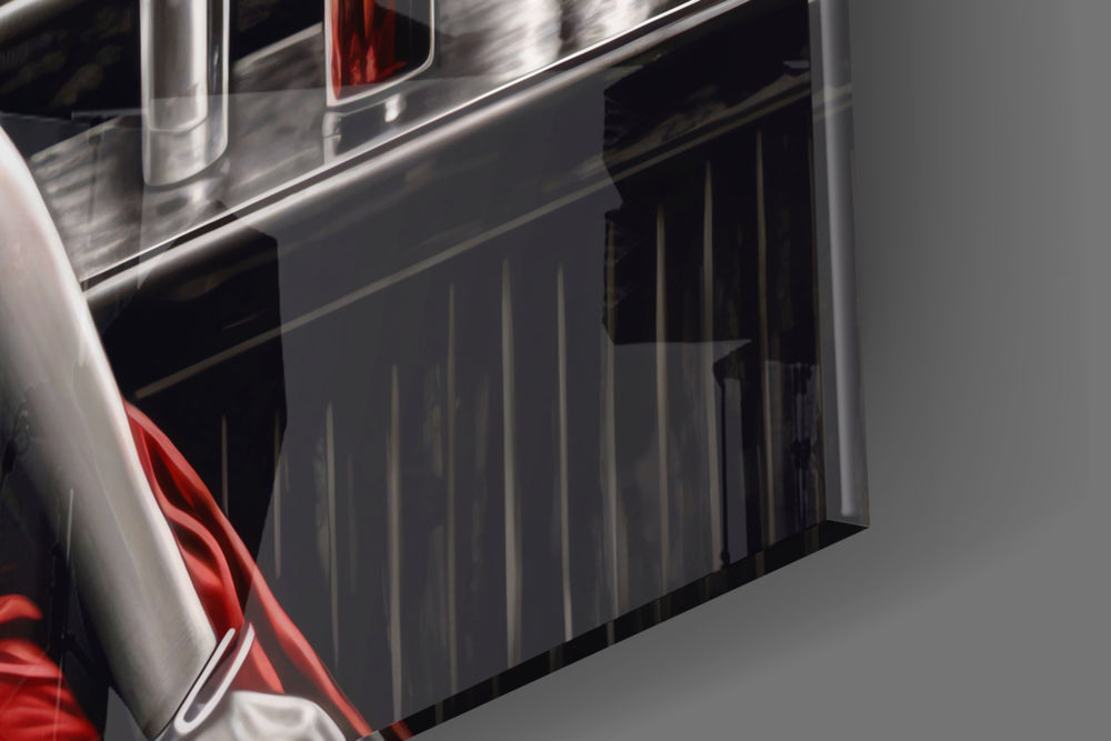 Hollywood-muse artwork anchoring a wall with scarlet-and-graphite palette