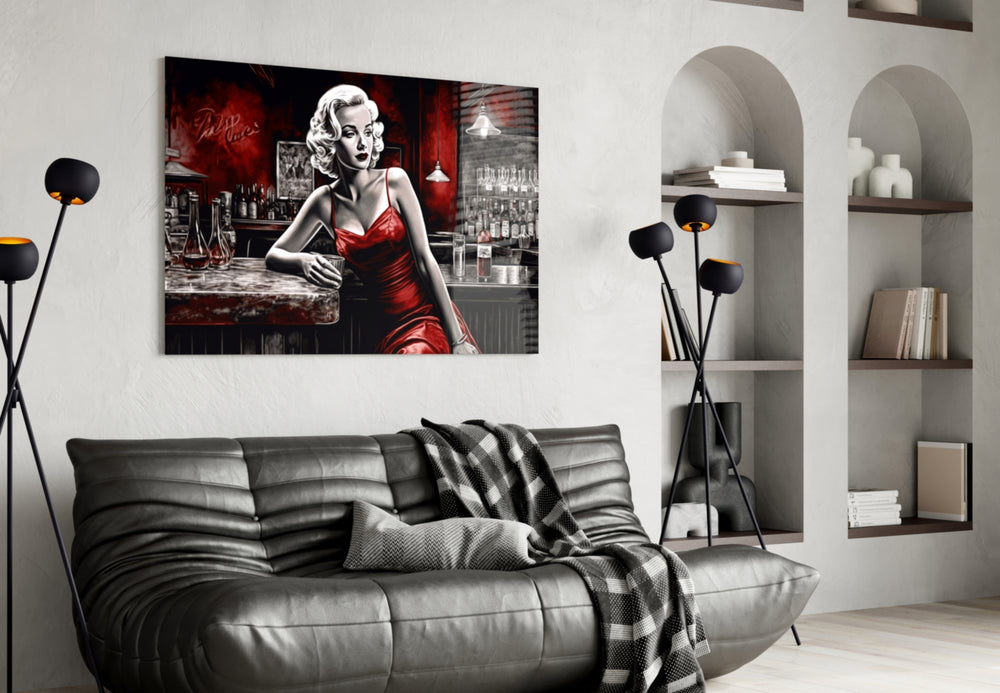 Blonde Bombshell at the Bar Glass Wall Art || Designer Collection