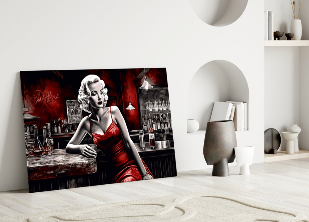 Blonde Bombshell at the Bar Glass Wall Art || Designer Collection