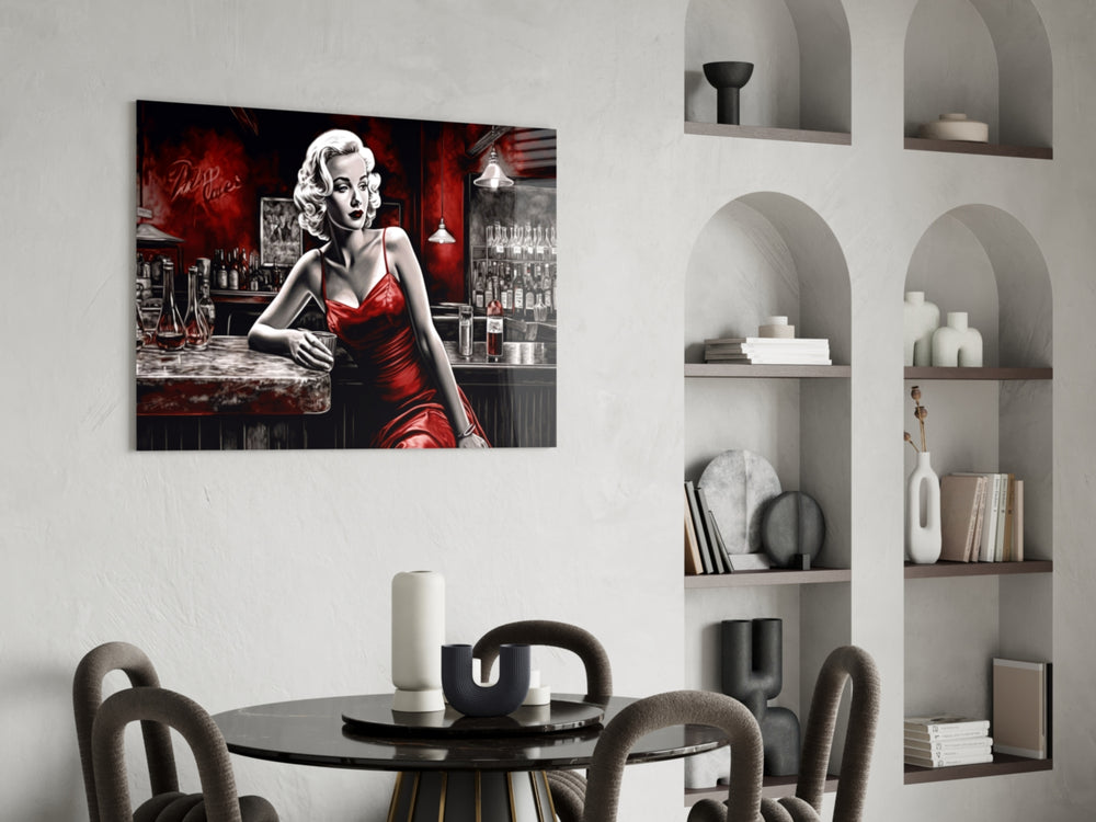 Blonde Bombshell at the Bar Glass Wall Art || Designer Collection