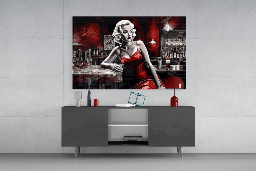 Blonde Bombshell at the Bar Glass Wall Art || Designer Collection