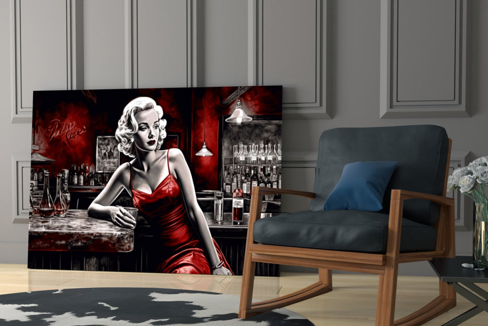 Blonde Bombshell at the Bar Glass Wall Art || Designer Collection