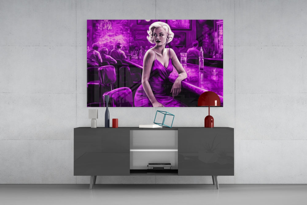 Blonde Bombshell at the Bar Glass Wall Art || Designer Collection