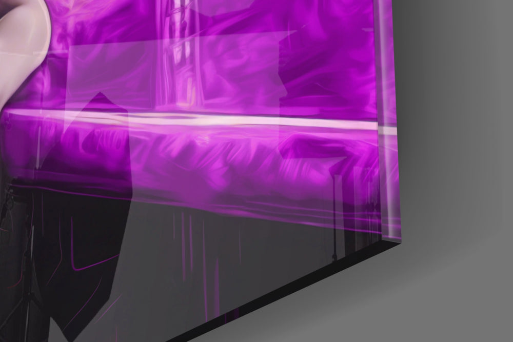 Hollywood-muse artwork anchoring a wall with violet-and-graphite palette