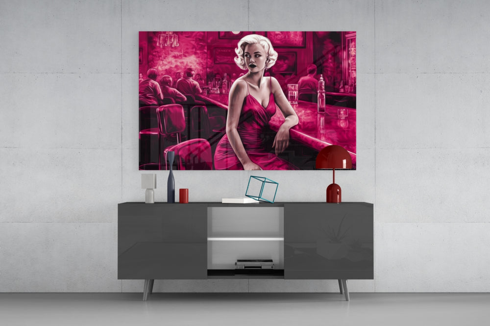 Blonde Bombshell at the Bar Glass Wall Art || Designer Collection