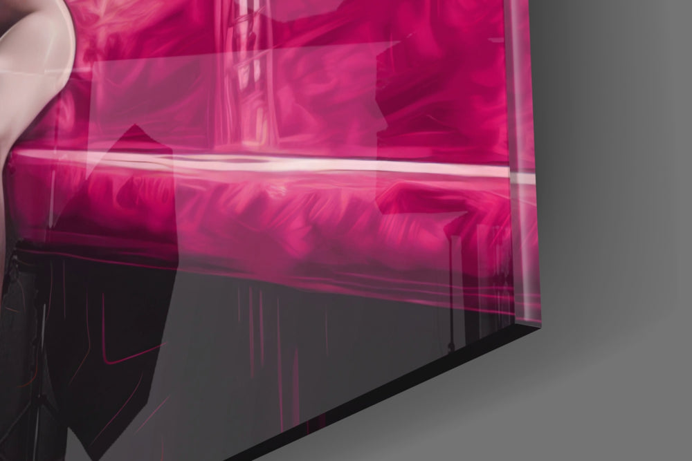 Hollywood-muse artwork anchoring a wall with magenta-and-graphite palette
