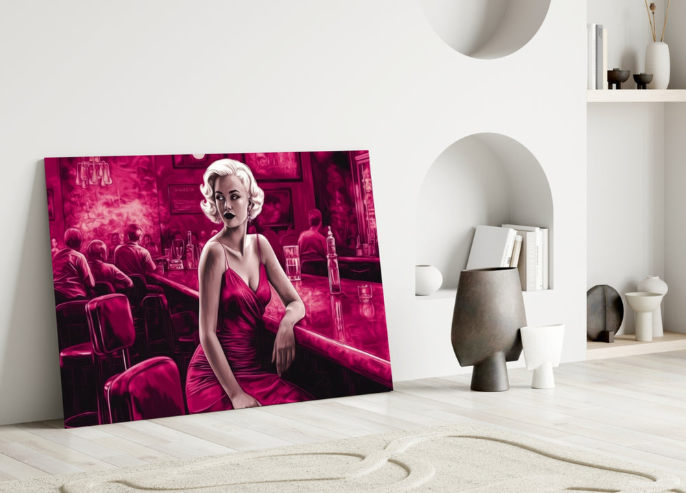 Blonde Bombshell at the Bar Glass Wall Art || Designer Collection