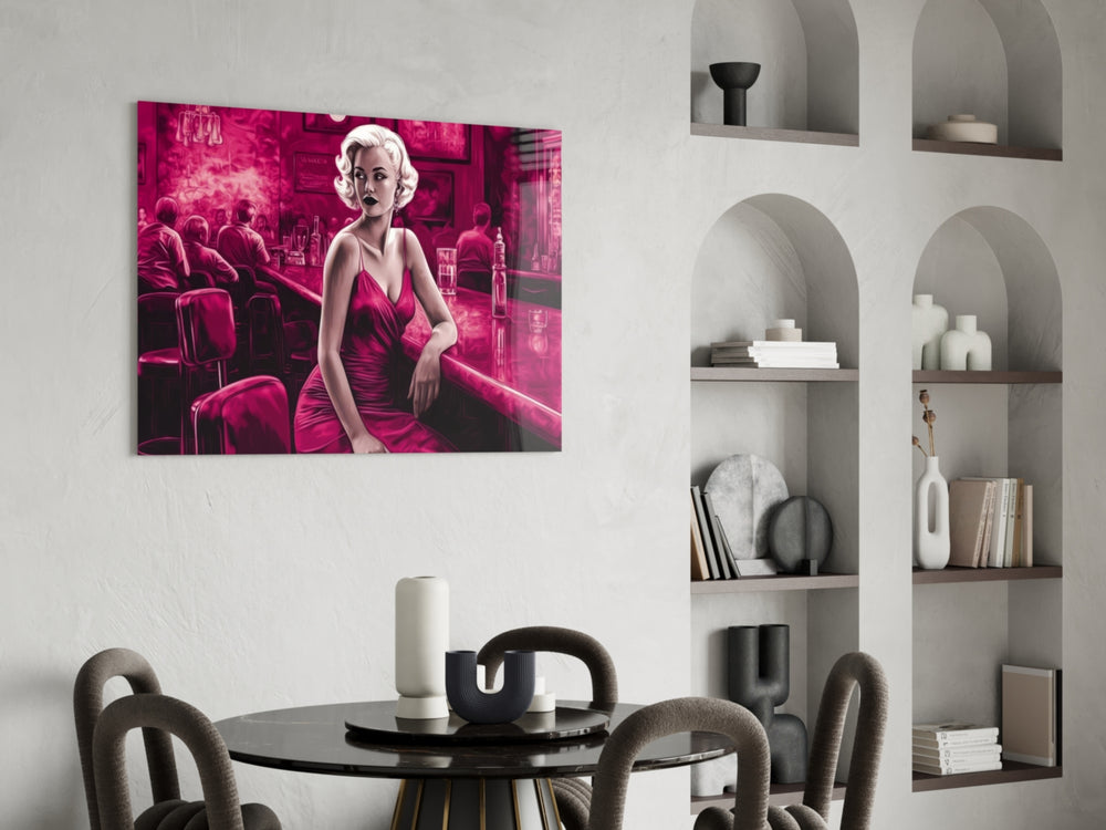 Blonde Bombshell at the Bar Glass Wall Art || Designer Collection