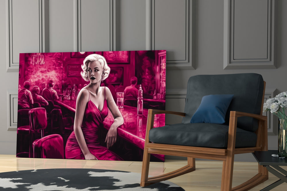 Blonde Bombshell at the Bar Glass Wall Art || Designer Collection