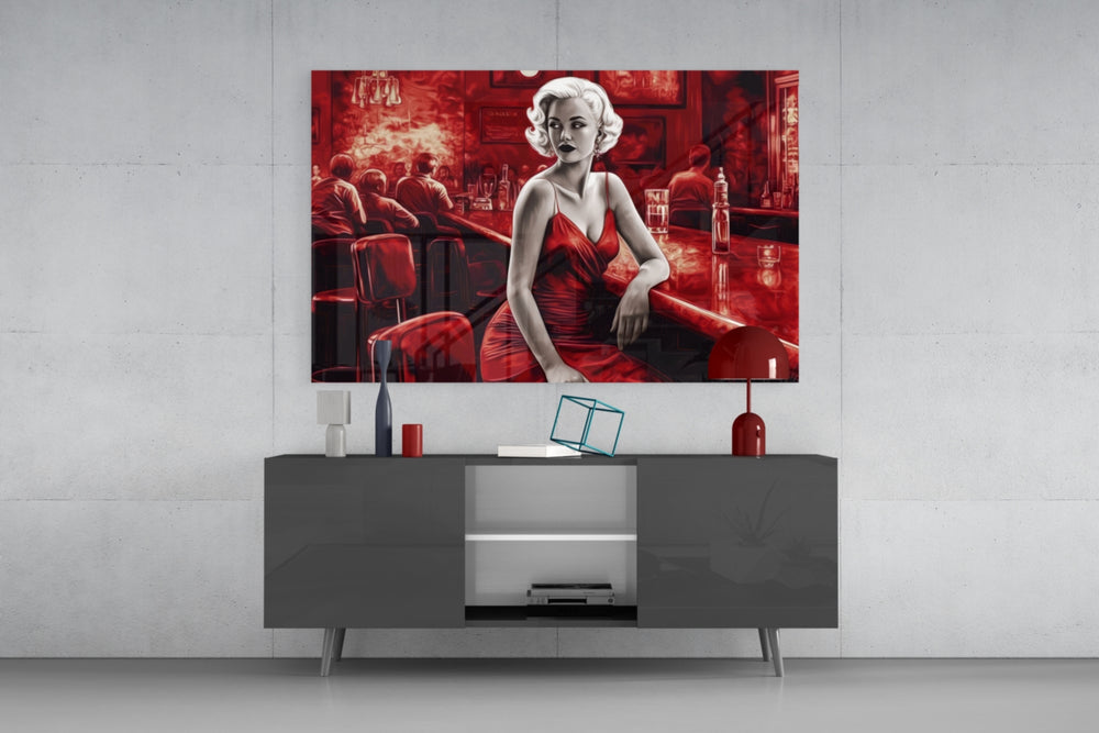 Blonde Bombshell at the Bar Glass Wall Art || Designer Collection