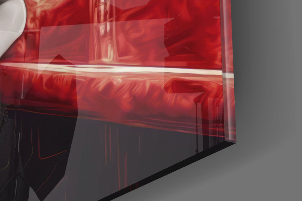 Hollywood-muse artwork anchoring a wall with crimson-and-graphite palette