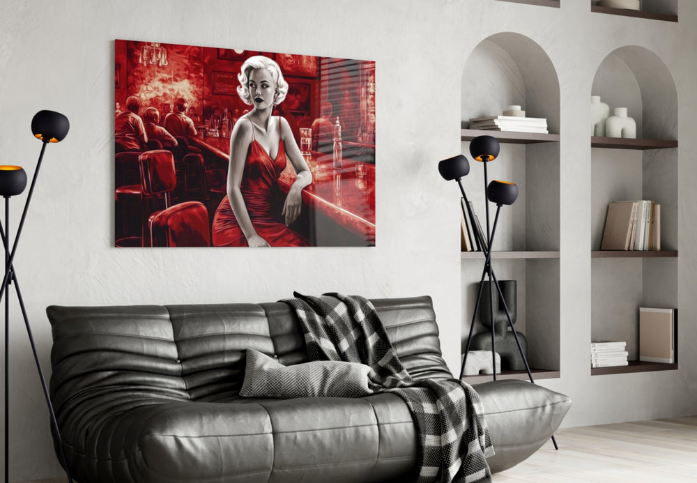 Blonde Bombshell at the Bar Glass Wall Art || Designer Collection