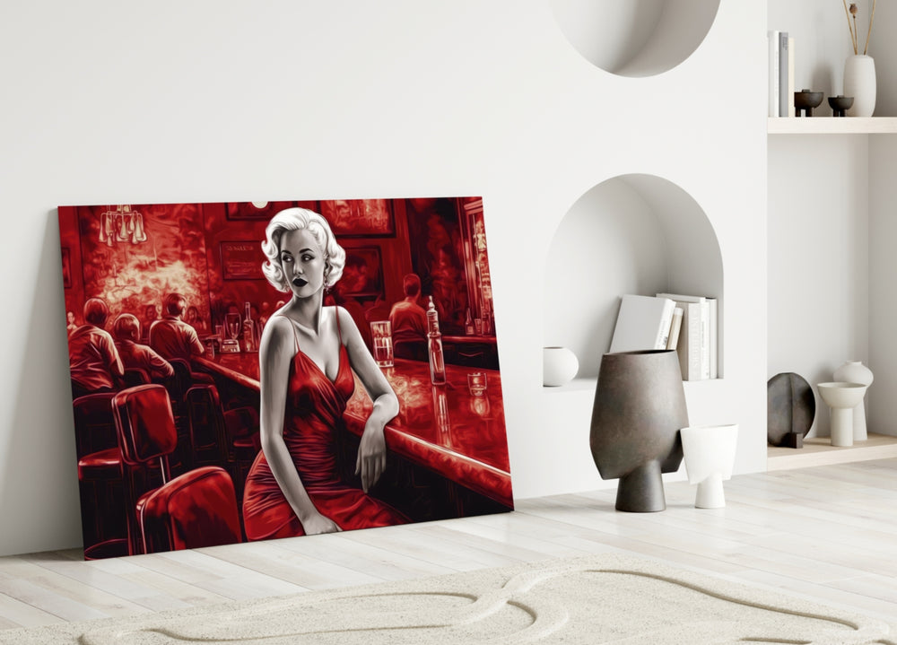 Blonde Bombshell at the Bar Glass Wall Art || Designer Collection