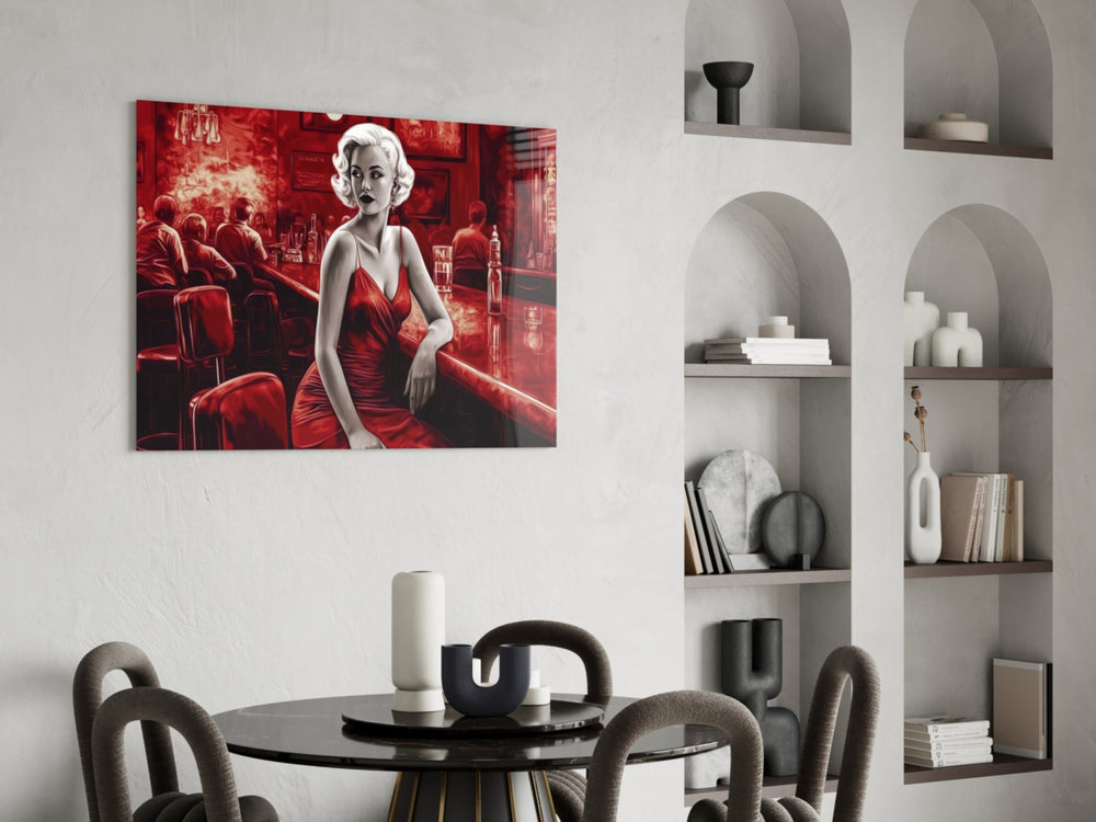 Blonde Bombshell at the Bar Glass Wall Art || Designer Collection