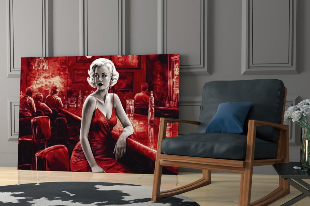 Blonde Bombshell at the Bar Glass Wall Art || Designer Collection