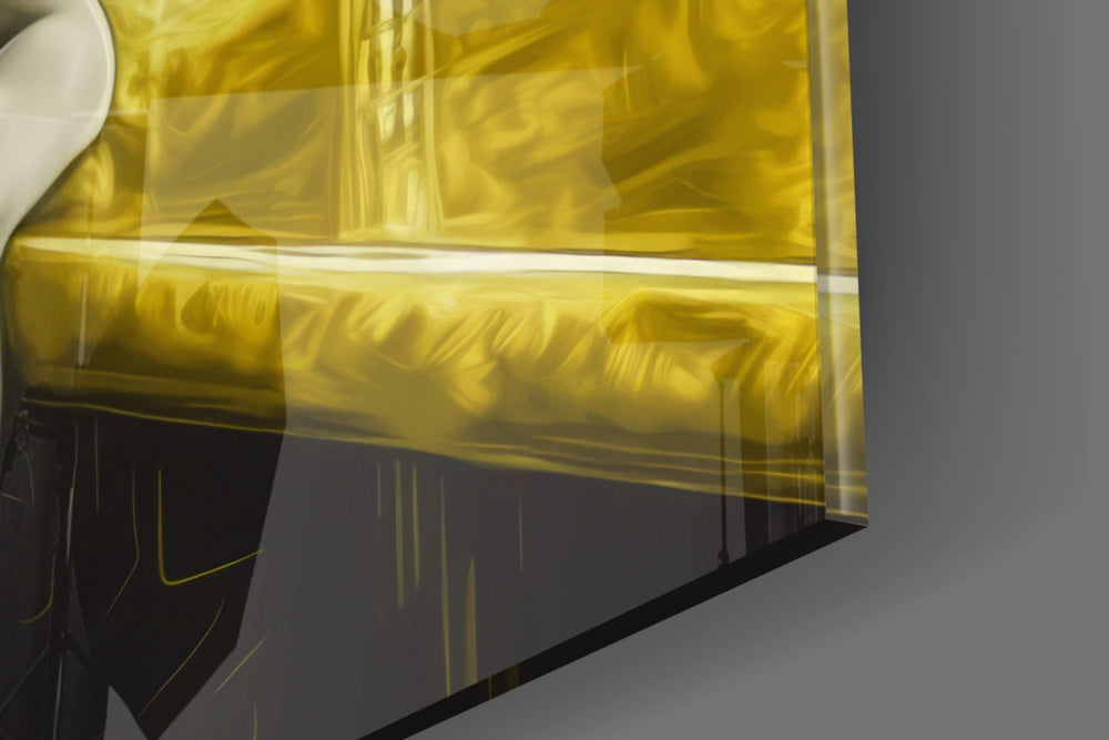 Hollywood-muse artwork anchoring a wall with canary-and-graphite palette