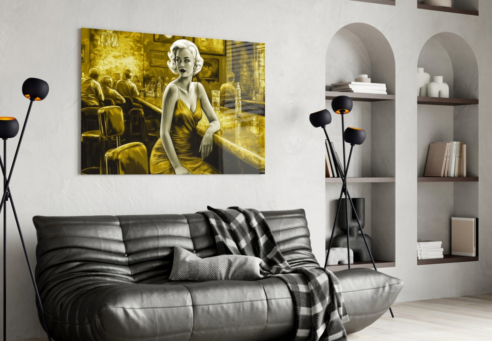 Blonde Bombshell at the Bar Glass Wall Art || Designer Collection