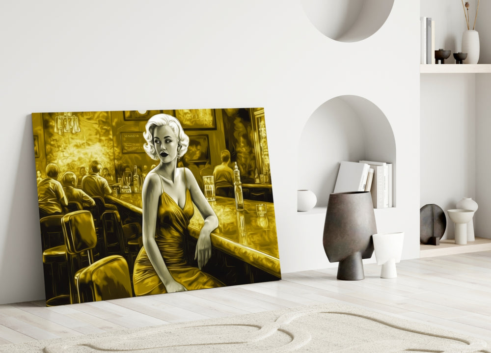 Blonde Bombshell at the Bar Glass Wall Art || Designer Collection