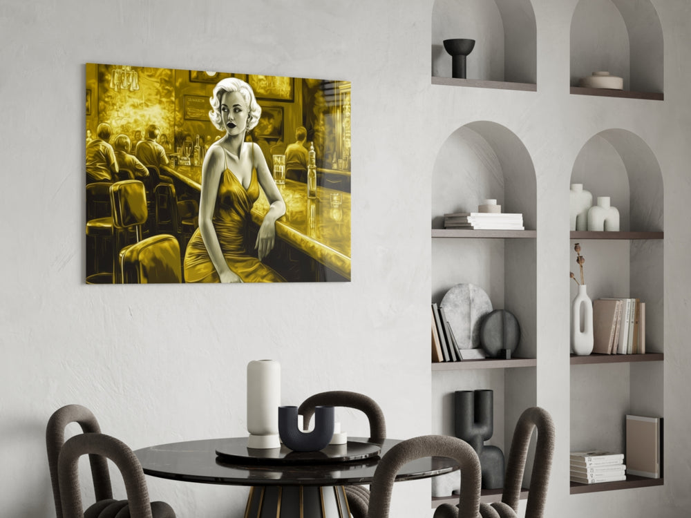Blonde Bombshell at the Bar Glass Wall Art || Designer Collection