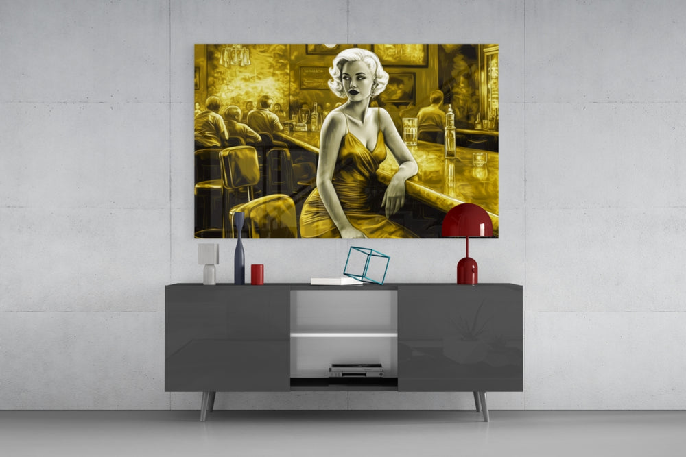 Blonde Bombshell at the Bar Glass Wall Art || Designer Collection