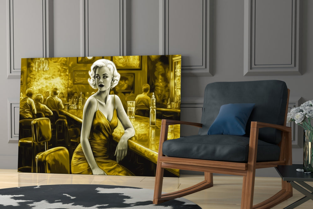 Blonde Bombshell at the Bar Glass Wall Art || Designer Collection