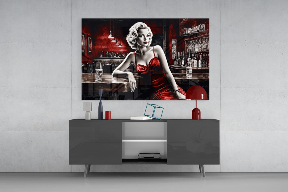 Blonde Bombshell at the Bar Glass Wall Art || Designer Collection