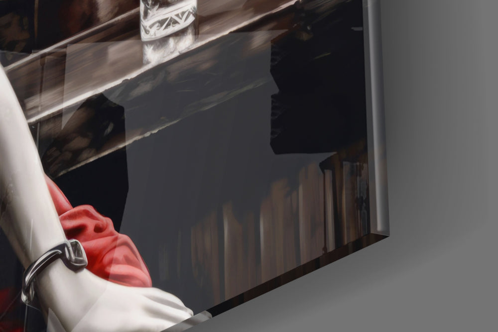 Hollywood-muse artwork anchoring a wall with scarlet-on-black palette