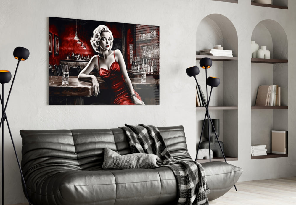 Blonde Bombshell at the Bar Glass Wall Art || Designer Collection