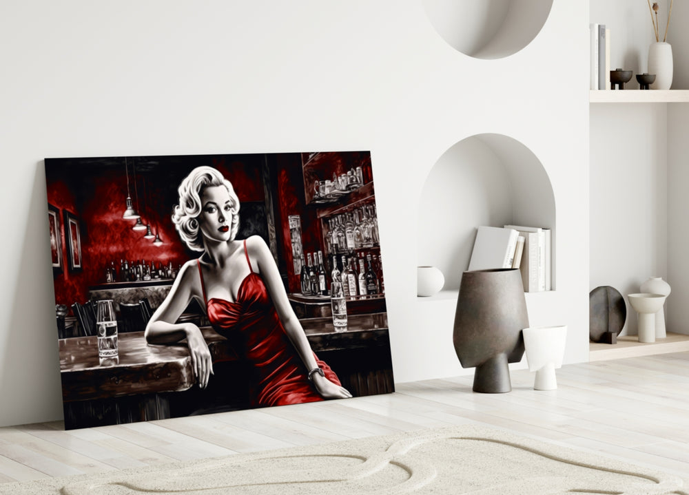 Blonde Bombshell at the Bar Glass Wall Art || Designer Collection