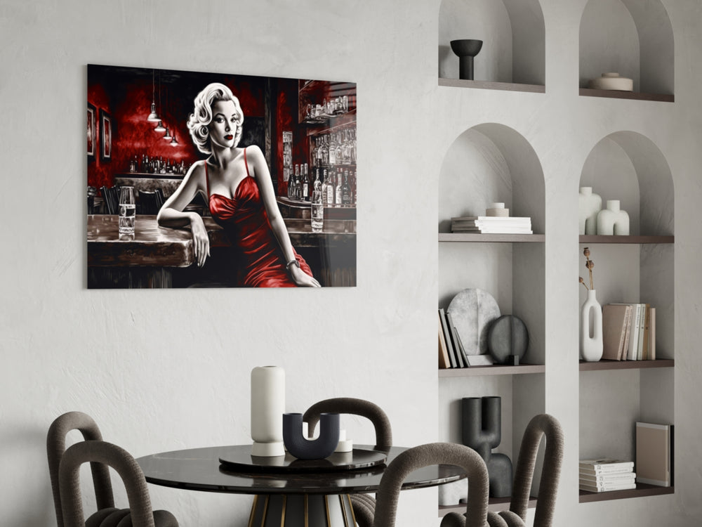 Blonde Bombshell at the Bar Glass Wall Art || Designer Collection