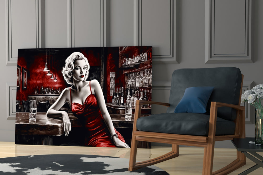 Blonde Bombshell at the Bar Glass Wall Art || Designer Collection