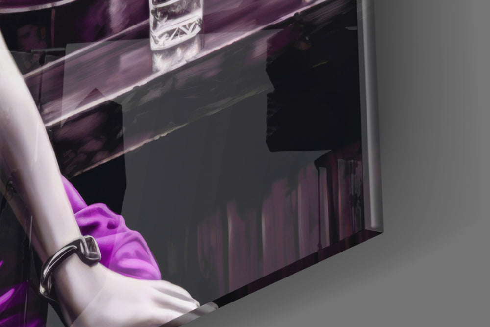 Hollywood-muse artwork anchoring a wall with violet-on-black palette