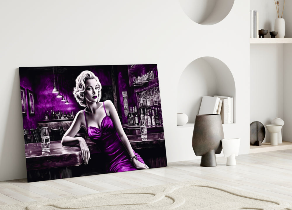 Blonde Bombshell at the Bar Glass Wall Art || Designer Collection