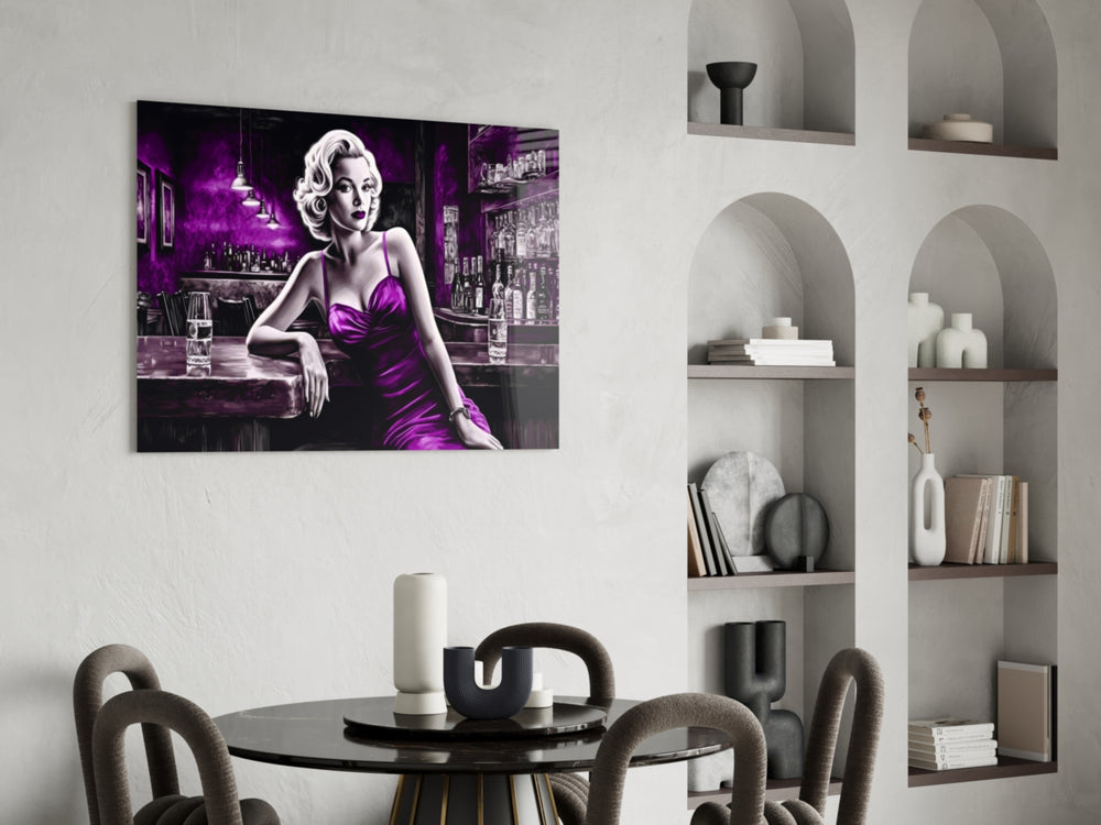 Blonde Bombshell at the Bar Glass Wall Art || Designer Collection