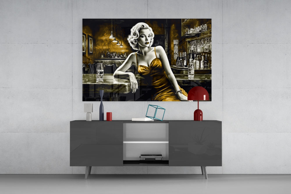 Blonde Bombshell at the Bar Glass Wall Art || Designer Collection