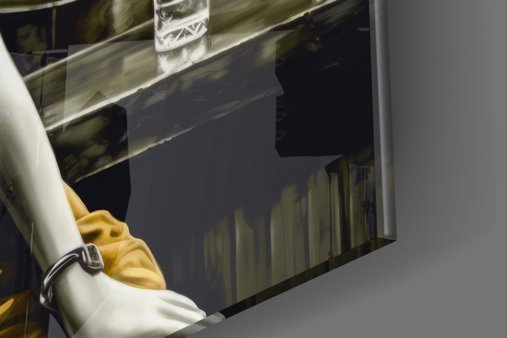 Hollywood-muse artwork anchoring a wall with amber-on-black palette