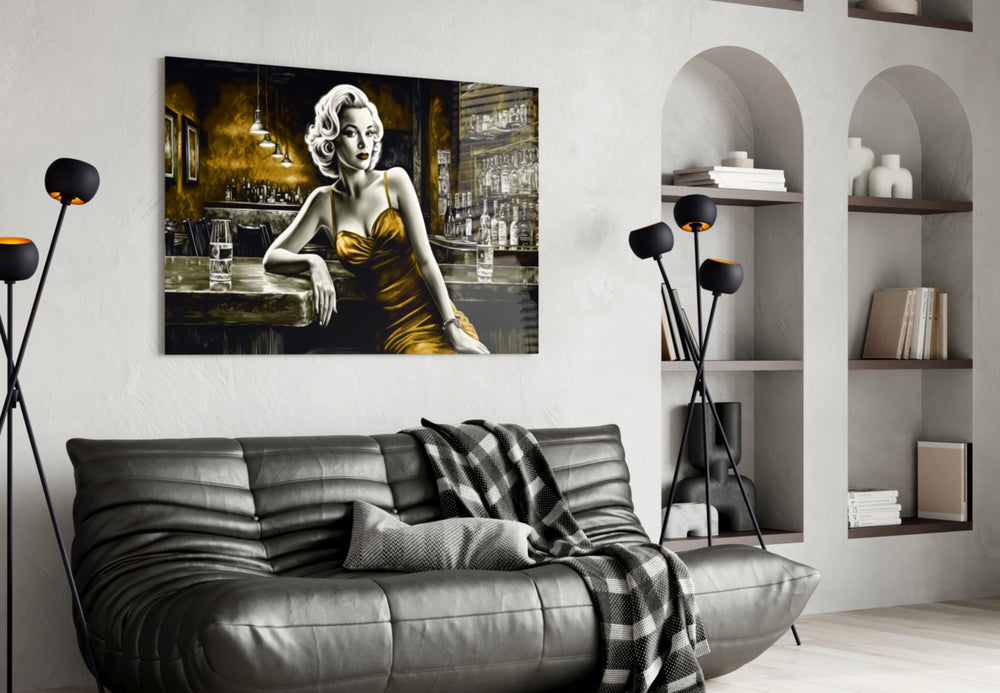 Blonde Bombshell at the Bar Glass Wall Art || Designer Collection