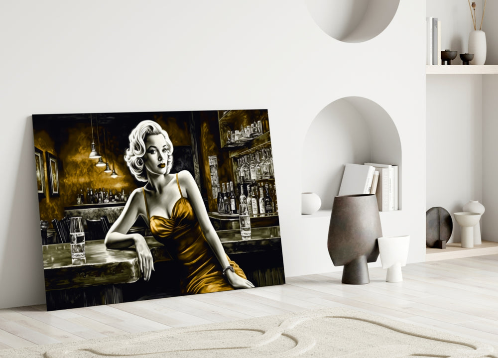 Blonde Bombshell at the Bar Glass Wall Art || Designer Collection